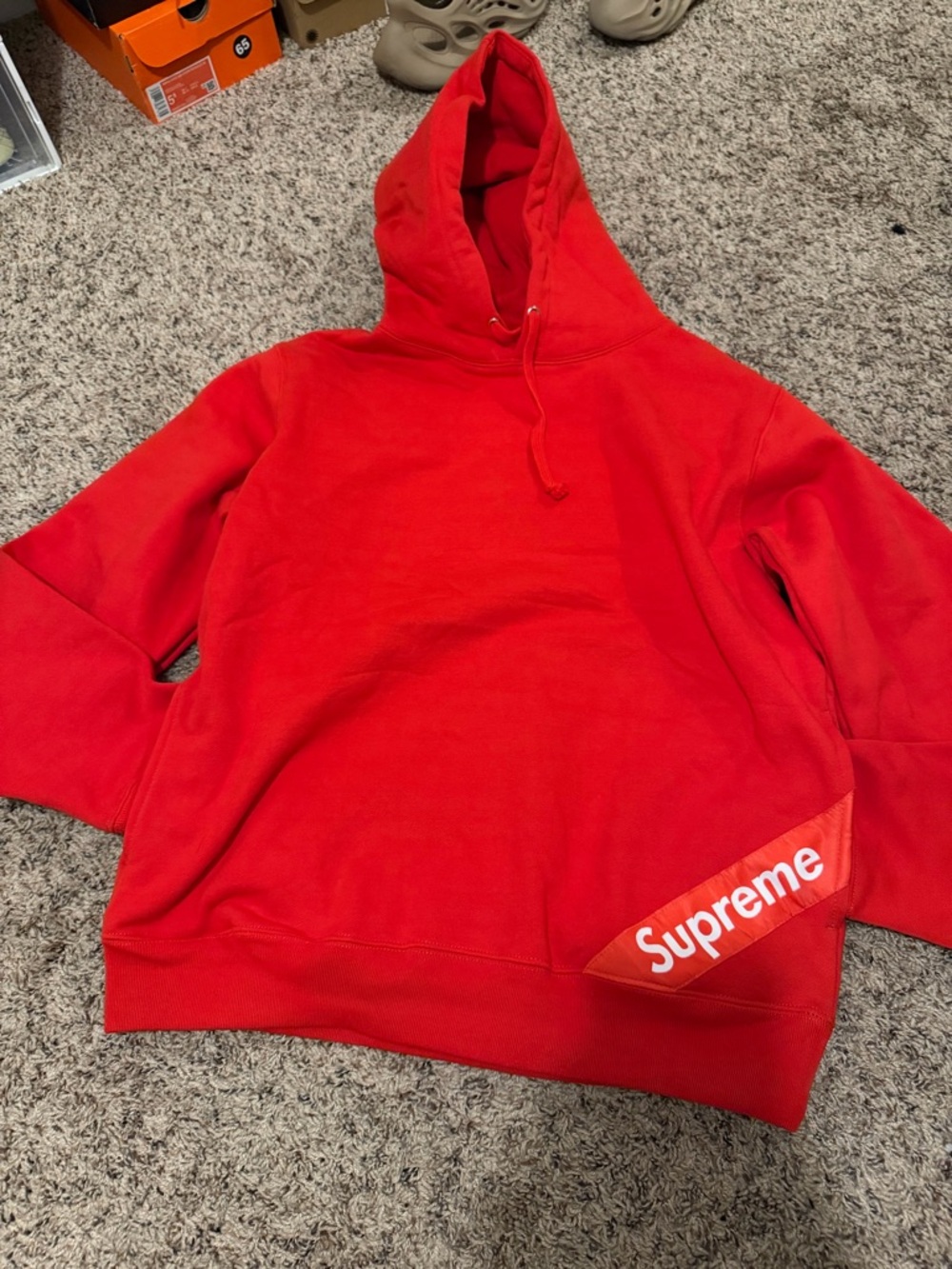 Supreme Red Pullover Hoodie with Diagonal Logo Tab